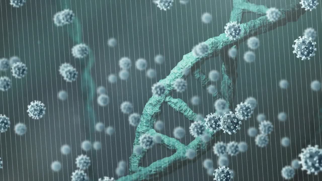 animación de la cadena de adn que gira sobre las células del virus de la corona