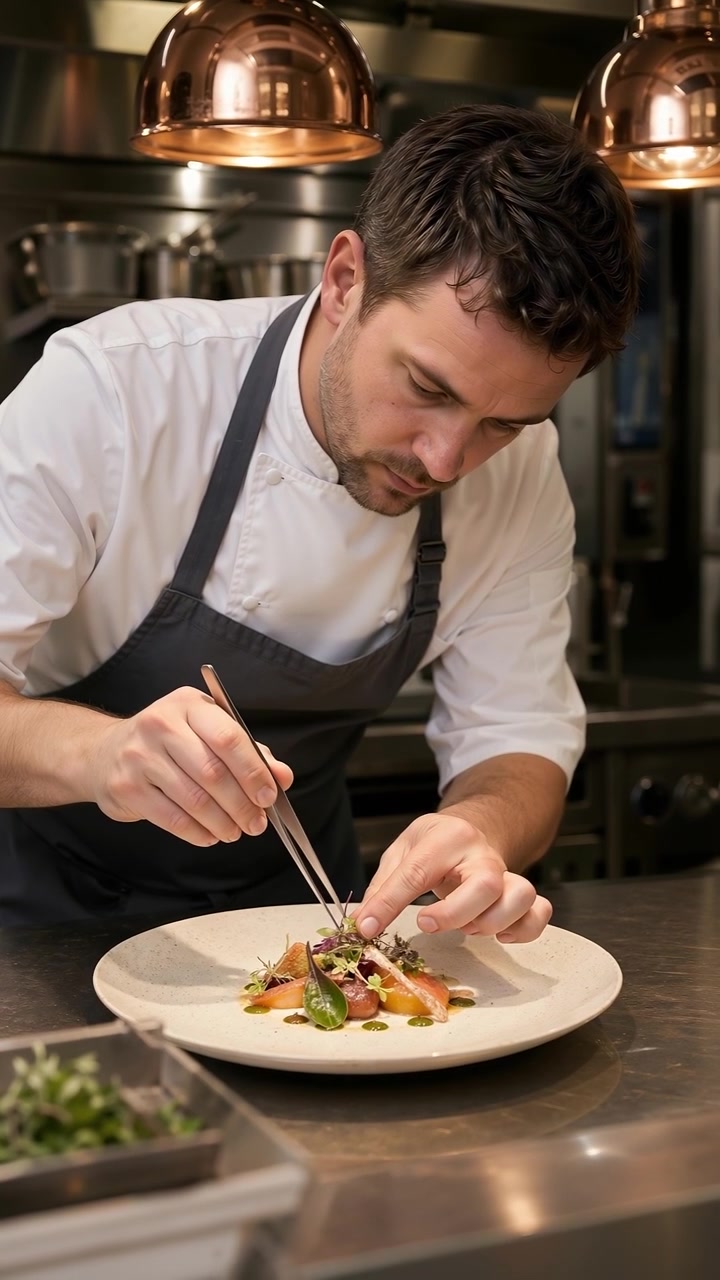 Uno chef professionista che usa le pinzette per impiattare con cura un piatto gourmet in una cucina di ristorante