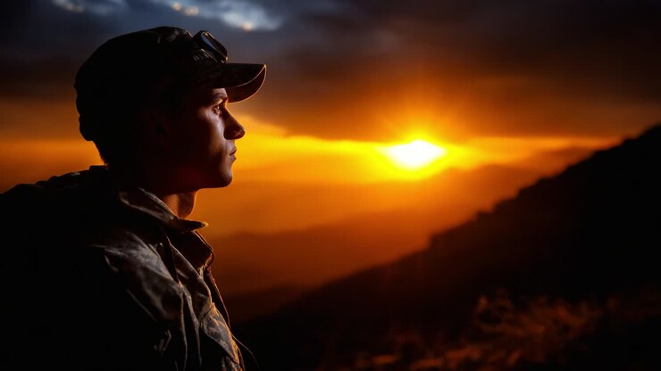 A contemplative silhouette of a person gazing towards a breathtaking sunset over a mountainous landscape, capturing the profound sense of peace and reflection evoked by nature's beauty and transitioning light