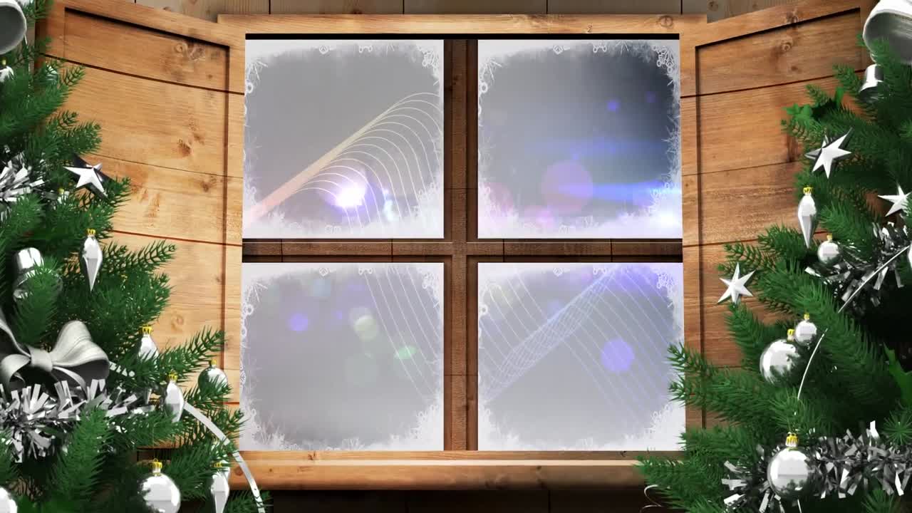 두 개의 크리스마스 트리와 나무 창문 프레임이 디지털 파동과 검은 바탕에 빛의 반점이 있습니다.