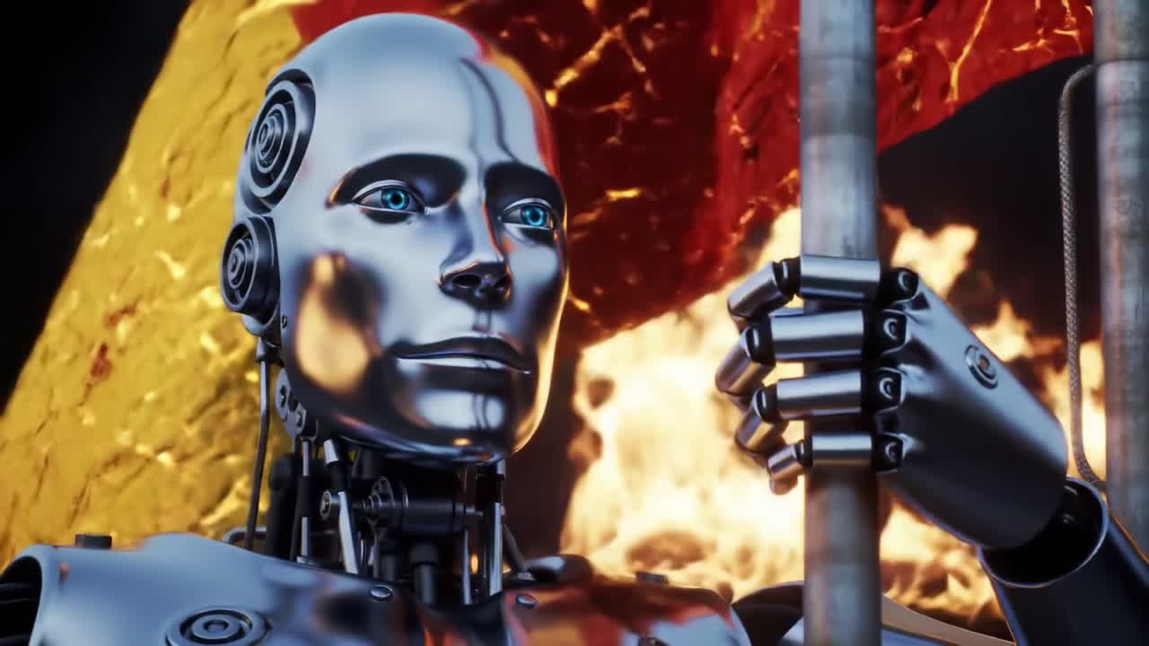 A gleaming robotic figure stands resolute with a flag in hand, set against a backdrop of fire and dynamic colors, symbolizing the merging of technology and human emotion