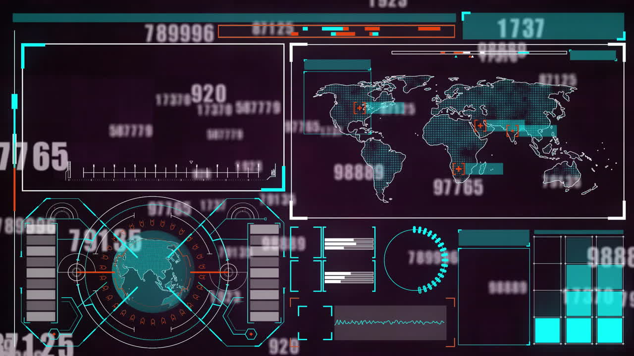 Displaying animation of world map and data charts on digital interface screen
