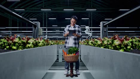 modern vertical farm with farmer using tablet