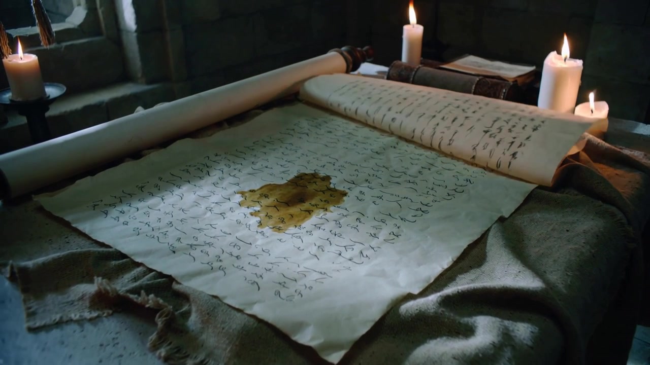 Lifting parchment sheet from window draft, curling across candled table, revealing stained script