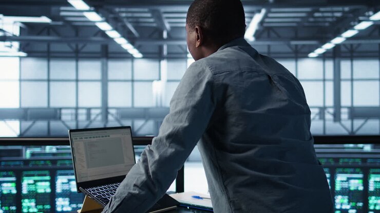 Technician in data center using programming languages on laptop