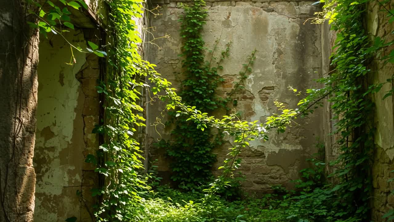 The Resilience of Nature: A Lush Green Oasis Taking Over an Abandoned Structure with Vines and Foliage in Every Corner Enhancing the Beauty of Decay