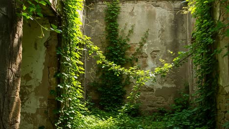 the resilience of nature: a lush green oasis taking over an abandoned structure with vines and foliage in every corner enhancing the beauty of decay