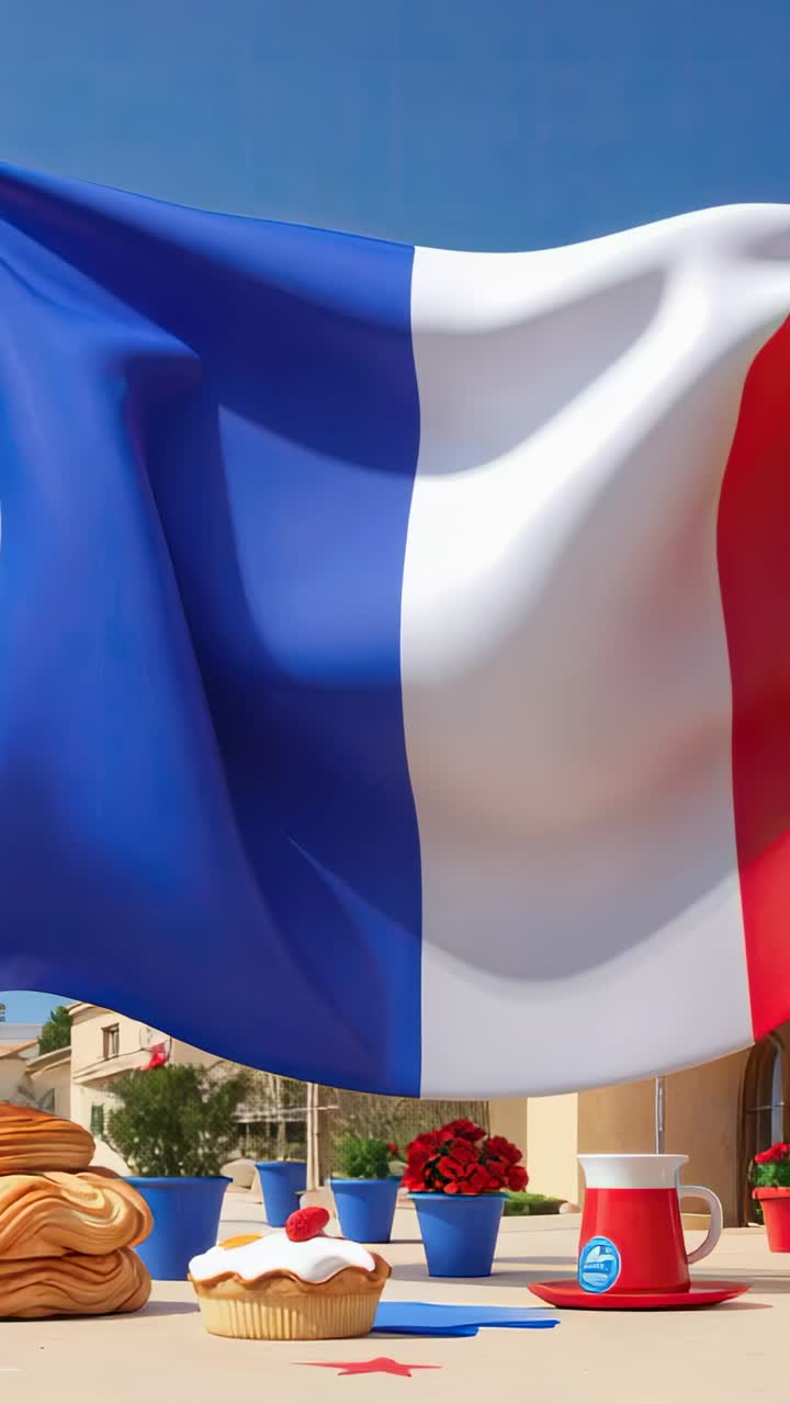 Vertical video: Rippling French flag in breeze revealing rising orb above patio table, with flowers