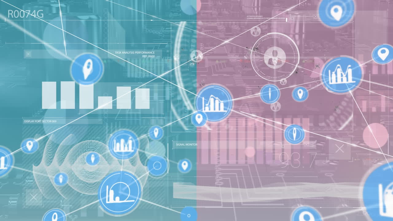 Animation of network of connections with icons over data processing and computing board