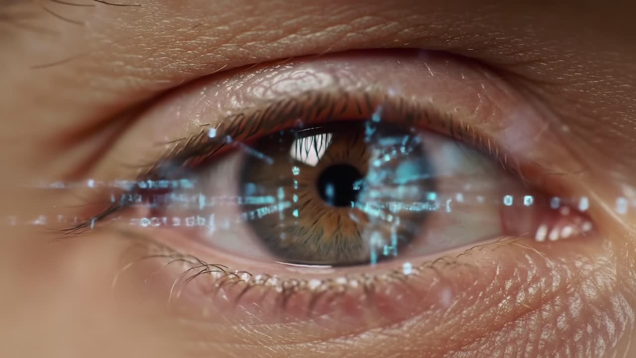 A Close-Up Exploration of a Human Eye with Futuristic Digital Effects Highlighting Visual Technology and Intricate Patterns of Light Reflection