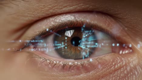 a close-up exploration of a human eye with futuristic digital effects highlighting visual technology and intricate patterns of light reflection