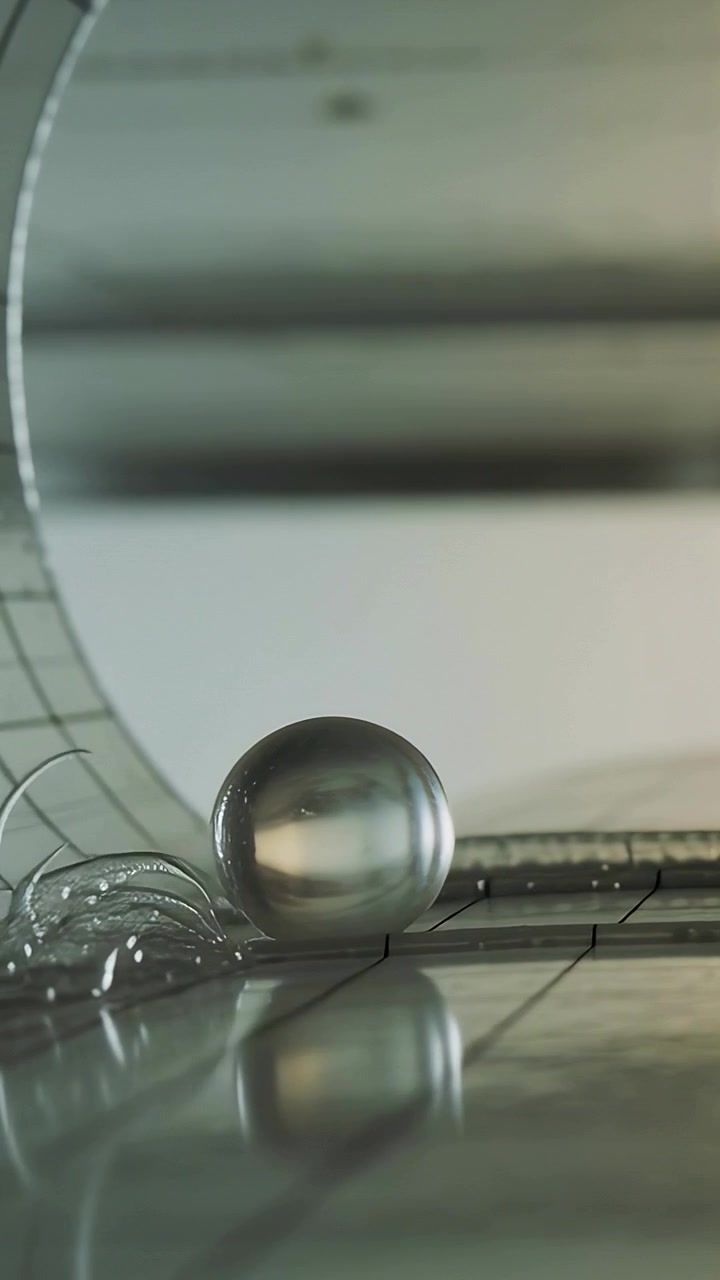 Vertical video: Starting metal sphere rolling in grid channel on glossy floor, pushing silver fluid