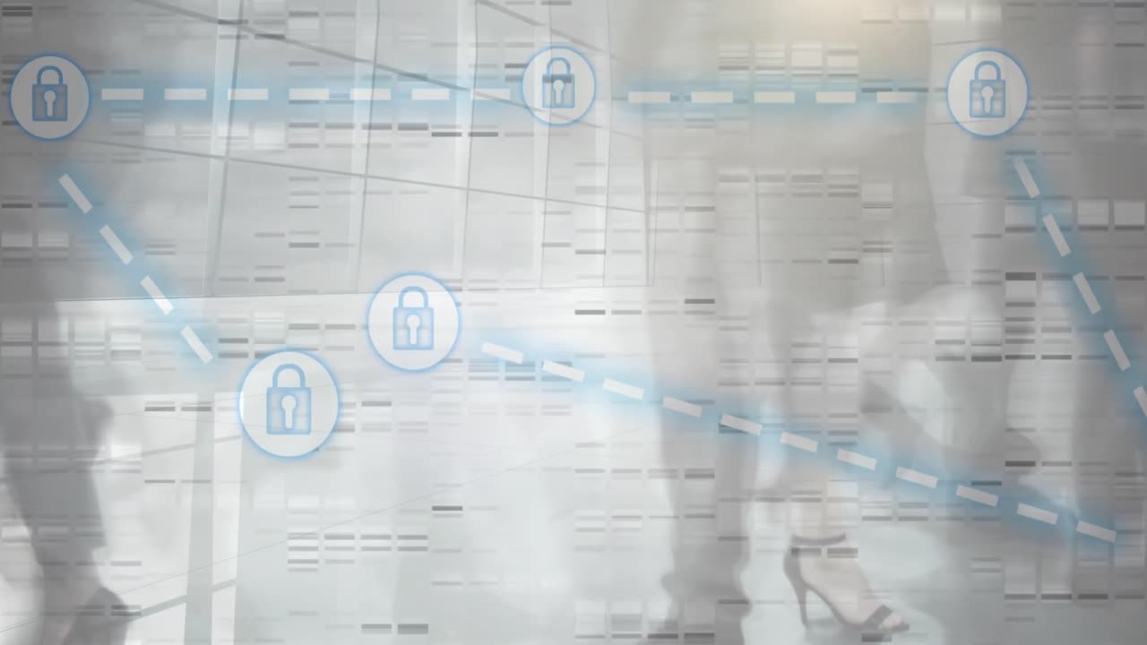 animación de conexiones con candados sobre el tiempo con personas que caminan