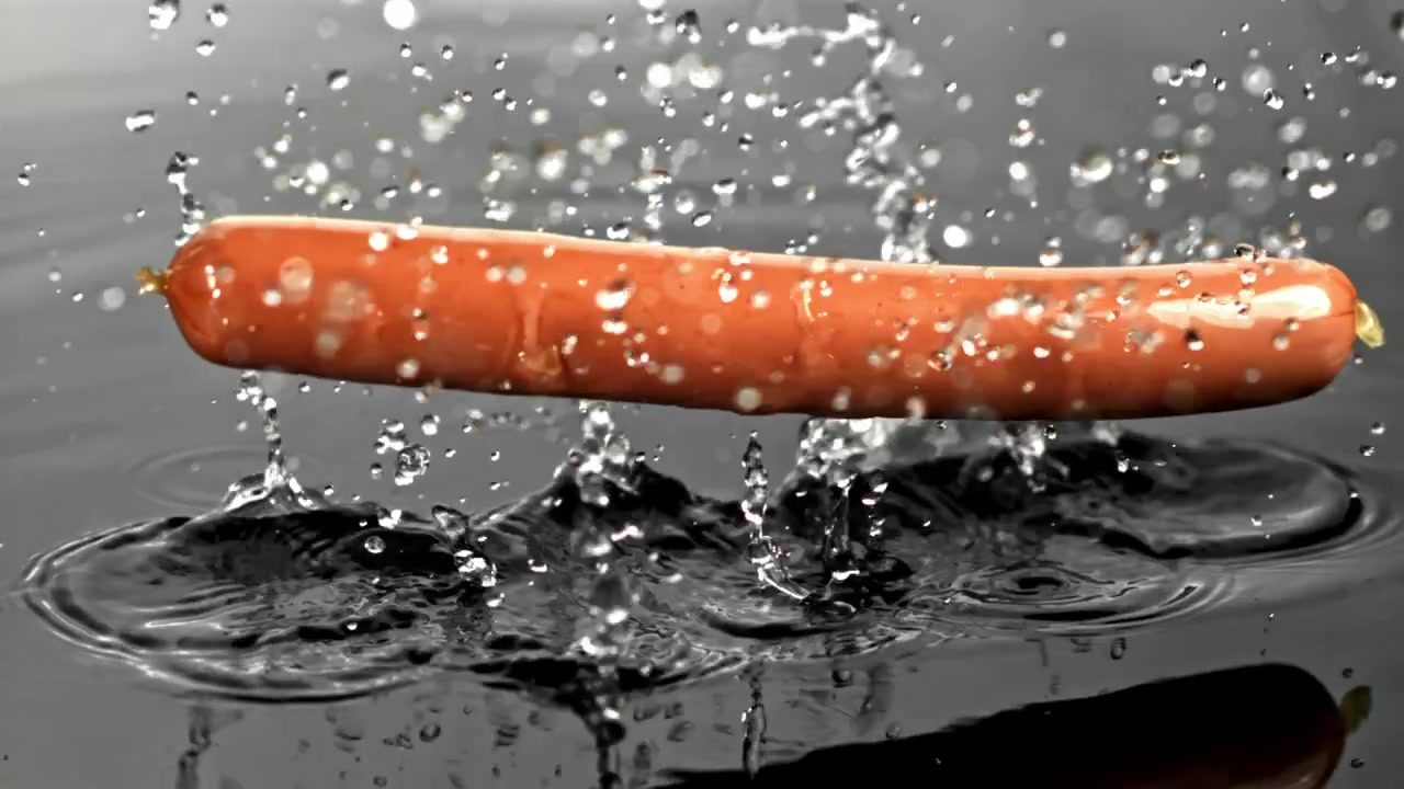 Xúc xích rơi vào nước với một tiếng bắn tung tóe ở chế độ chuyển động chậm