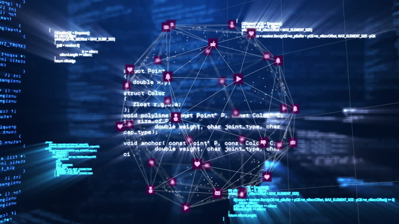 Network of connections and code processing animation over digital blue background