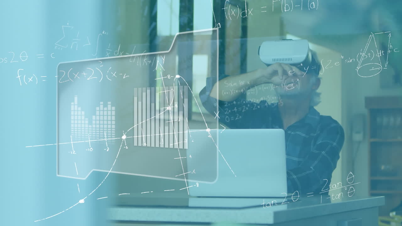 Animation of Caucasian man wearing vr headset And using over mathematics equations