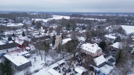 Christmas-market-Winter-Snow-Village,-cloudy-Germany