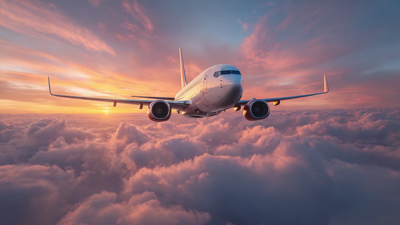 Un maestoso aeromobile che solca nuvole colorate al tramonto, catturando la bellezza del volo in un cielo mozzafiato pieno di tonalità vivaci e soffici nuvole simili al cotone