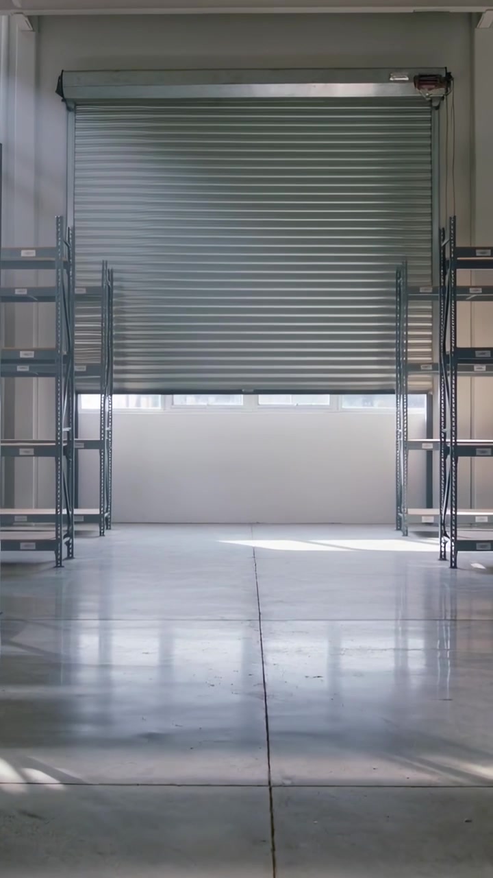 Vertical video: Lowering rollup shutter after motor starting in loading bay, flanked by metal racks