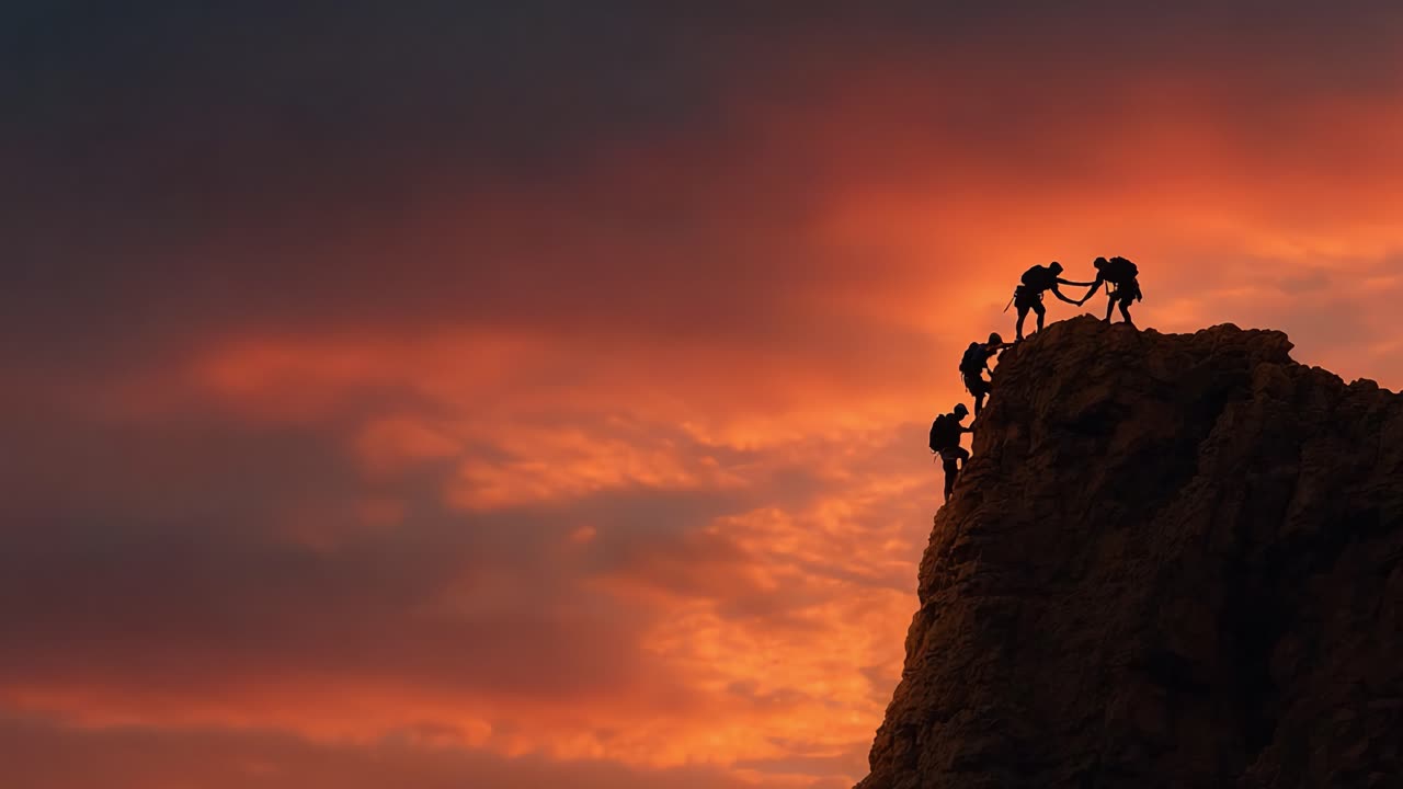 A Stunning Sunset Over Climbers on a Rocky Peak: Capturing the Bond of Adventure and Teamwork Against Nature's Majestic Backdrop