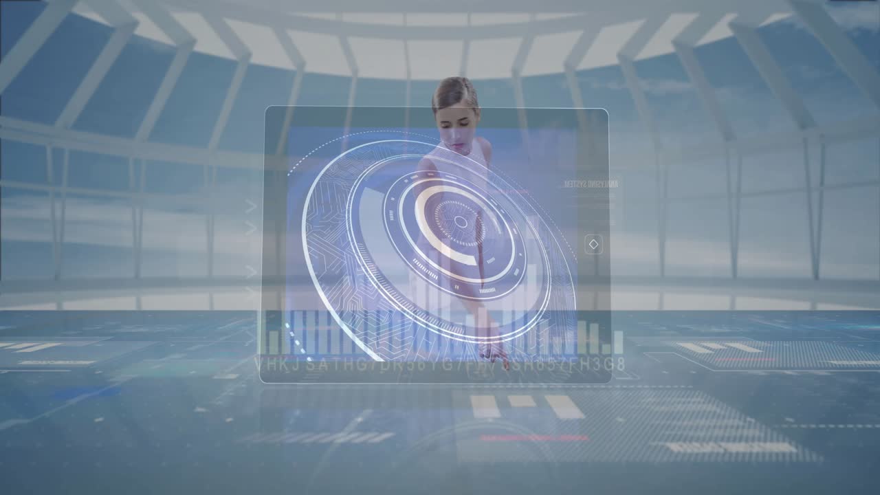A scuola, animazione che mostra una donna con una sovrapposizione di target digitale in un ambiente high-tech