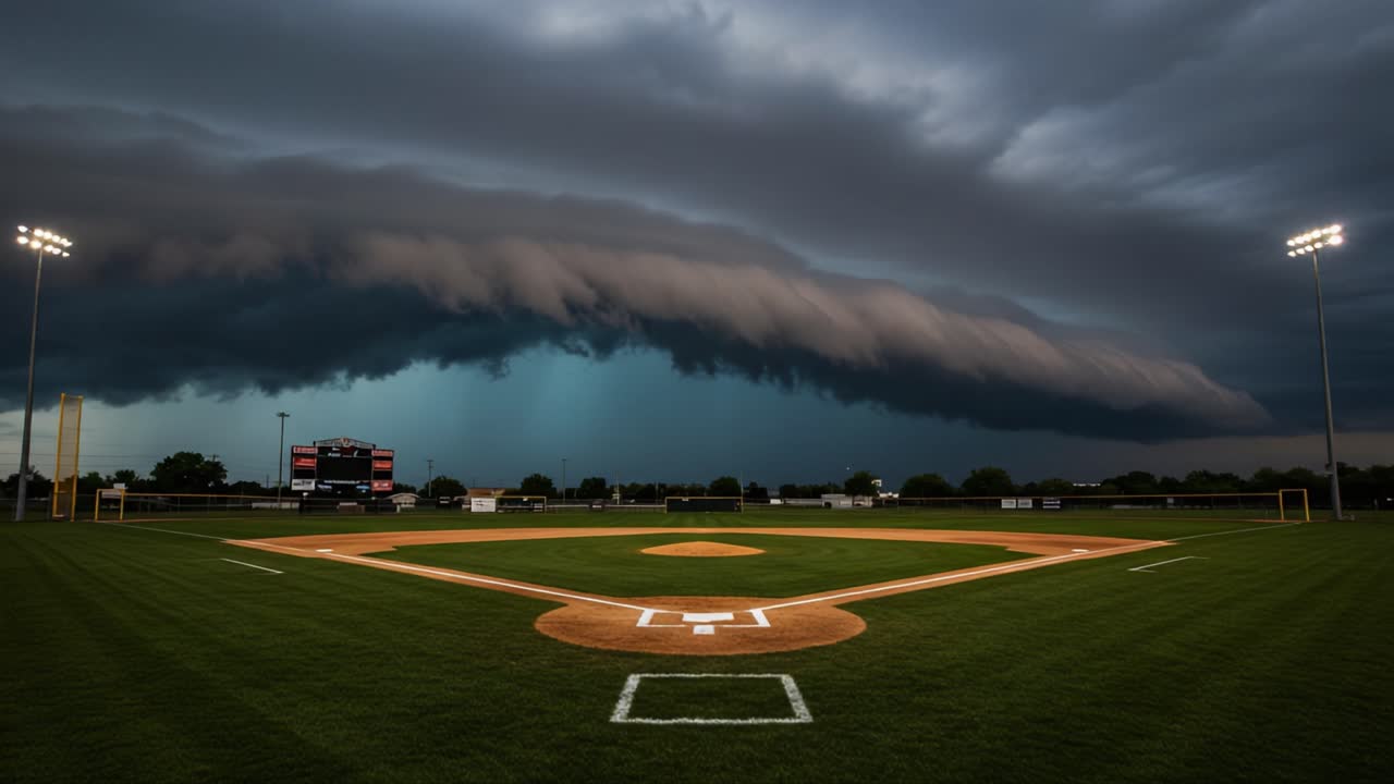A Dramatic Skyscape Over a Baseball Field: Captivating Storm Clouds Gathering Above the Diamond, Creating an Atmosphere of Anticipation and Nature's Fury