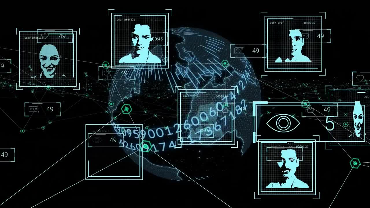 animación de iconos de perfiles múltiples sobre un globo giratorio y una red de conexiones