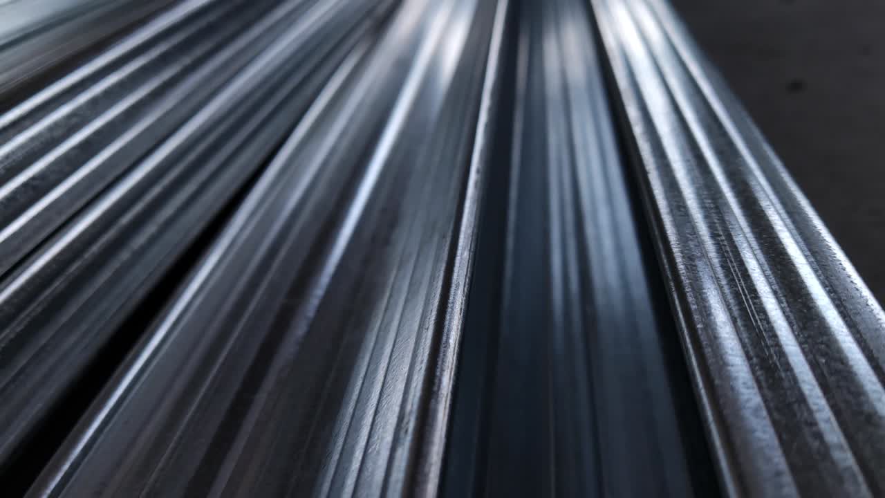 perfiles metálicos. pila de tuberías de acero inoxidable en el almacén. productos metálicos laminados. índice de precios de la lista de metales económicos. crisis financiera. piezas de construcción de paredes