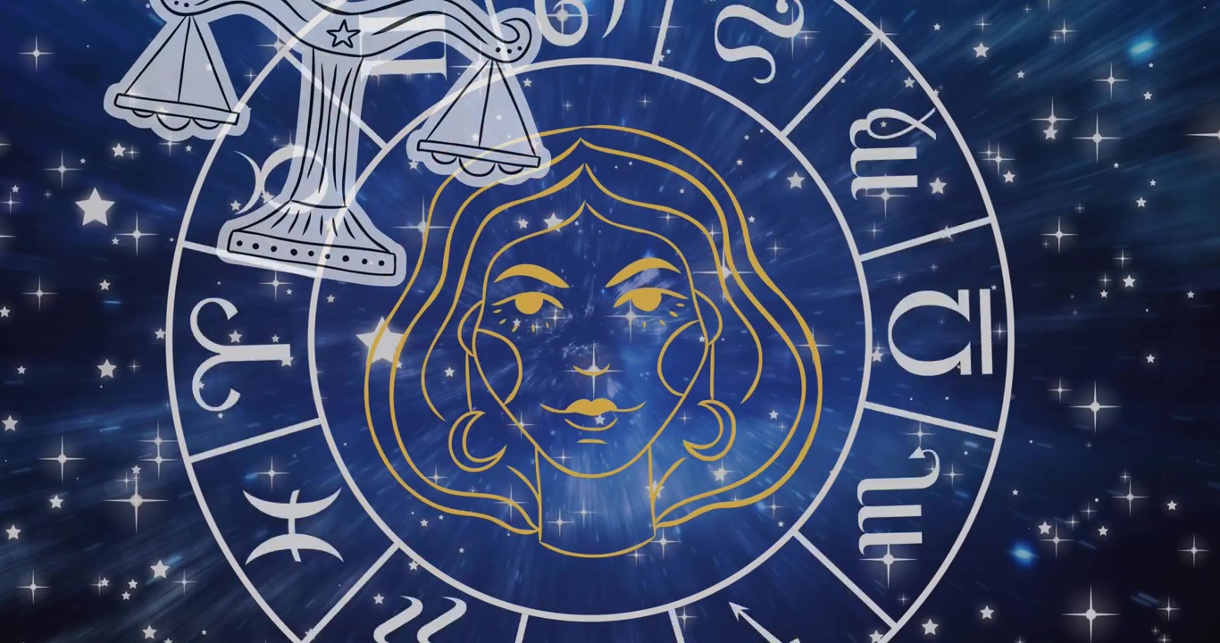 Animação de símbolos do horóscopo sobre estrelas em fundo azul.