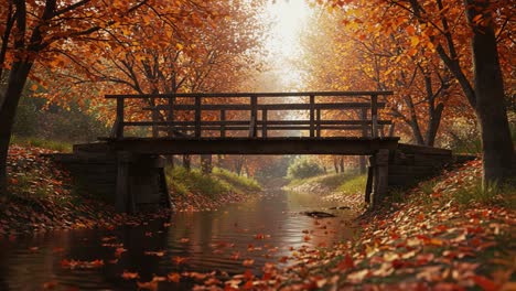 Serene Autumn Scene: A Gentle Stream Flowing Under a Scenic Bridge Surrounded by Vibrant Fall Foliage and Golden Sunlight Filtering Through Trees