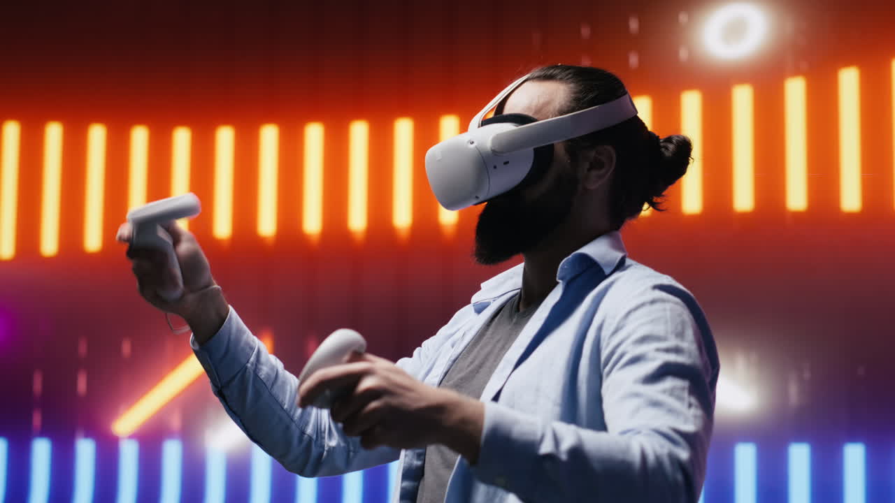 Young cool person having fun under the neon lights with VR tech tools