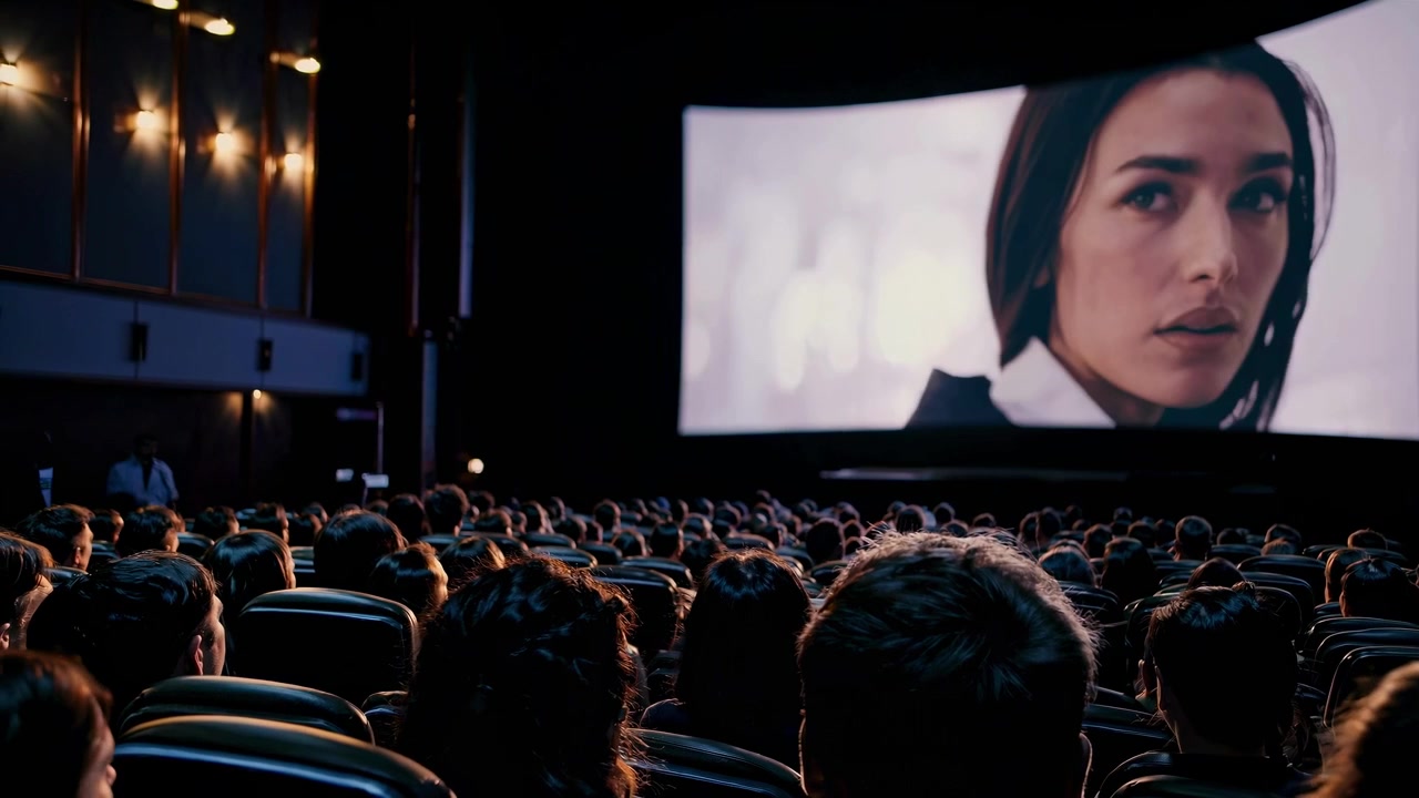 Pubblico che guarda un film su un grande schermo in un cinema buio