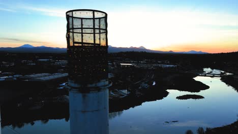 Aerial-shot-looking-over-the-Deschutes-River-at-sunrise-in-Bend,-Oregon