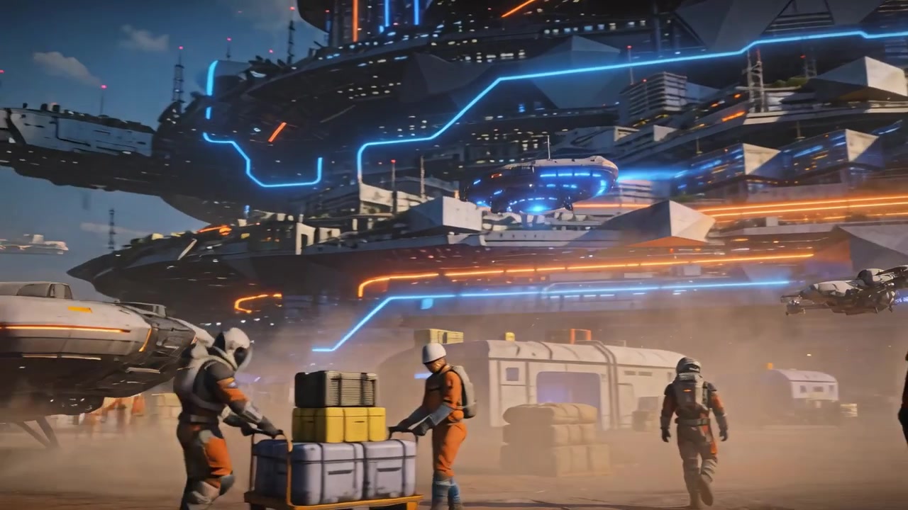 Approaching helmeted crew member walking toward settling transport at landing pad, unloading crates
