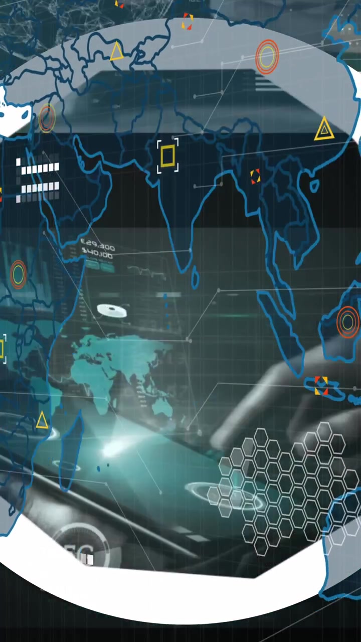 Animation of data processing over world map against multiple screens with data processing