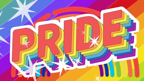 animation of pride lgbtq text and stars falling over rainbow background