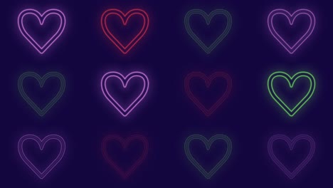 Pulsing-neon-rainbow-hearts-pattern-in-rows