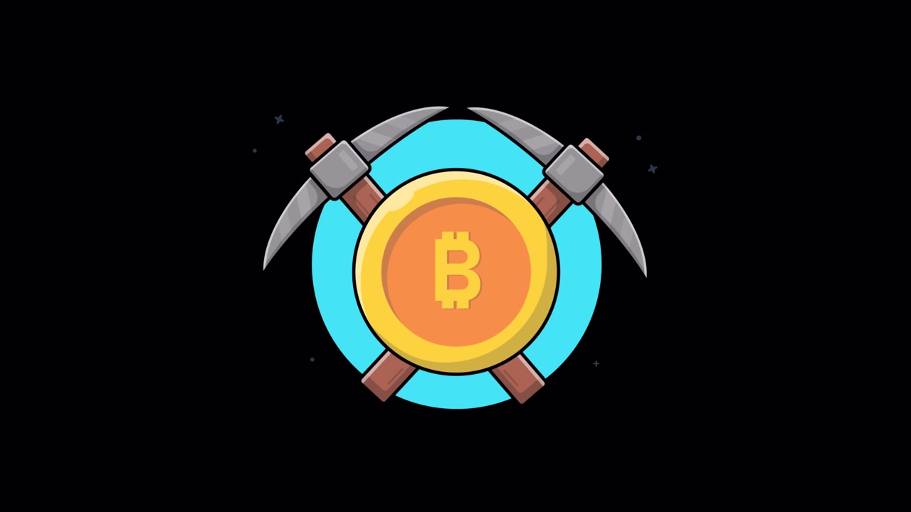 Animated Bitcoin Coin with Pickaxes Representing Cryptocurrency Mining