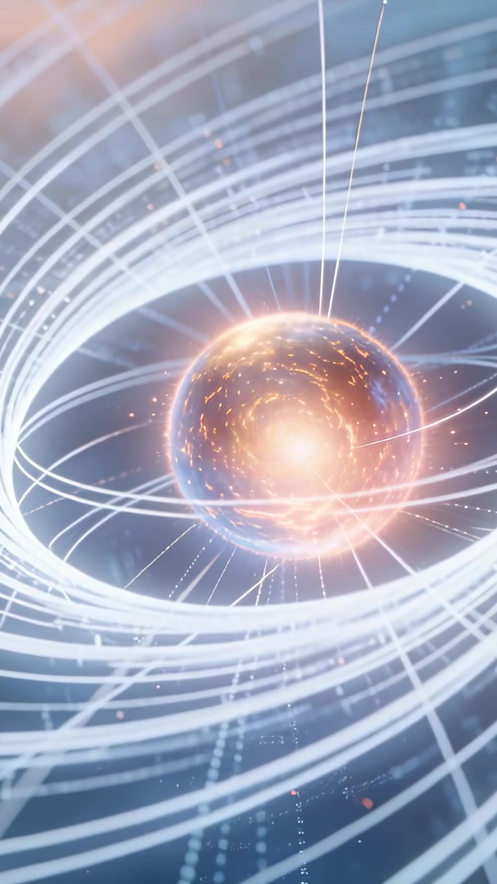 Video verticale: Sequenza che inizia con un'orbita pulsante mentre gli anelli ruotano in una griglia digitale, mostrando dati.