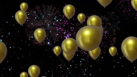 Animation-Von-Goldenen-Luftballons-Mit-Feuerwerk-Auf-Schwarzem-Hintergrund