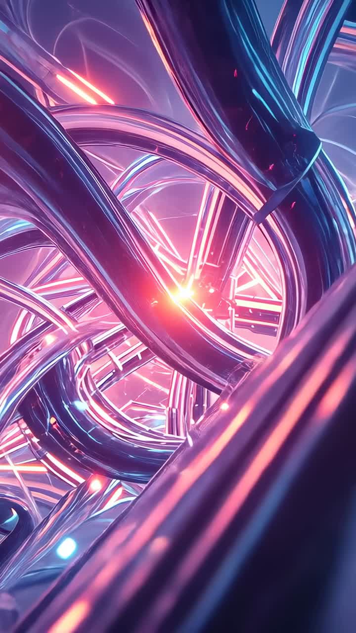 Vertical video: On play camera gliding around shiny tubes in CG tunnel, revealing glowing core