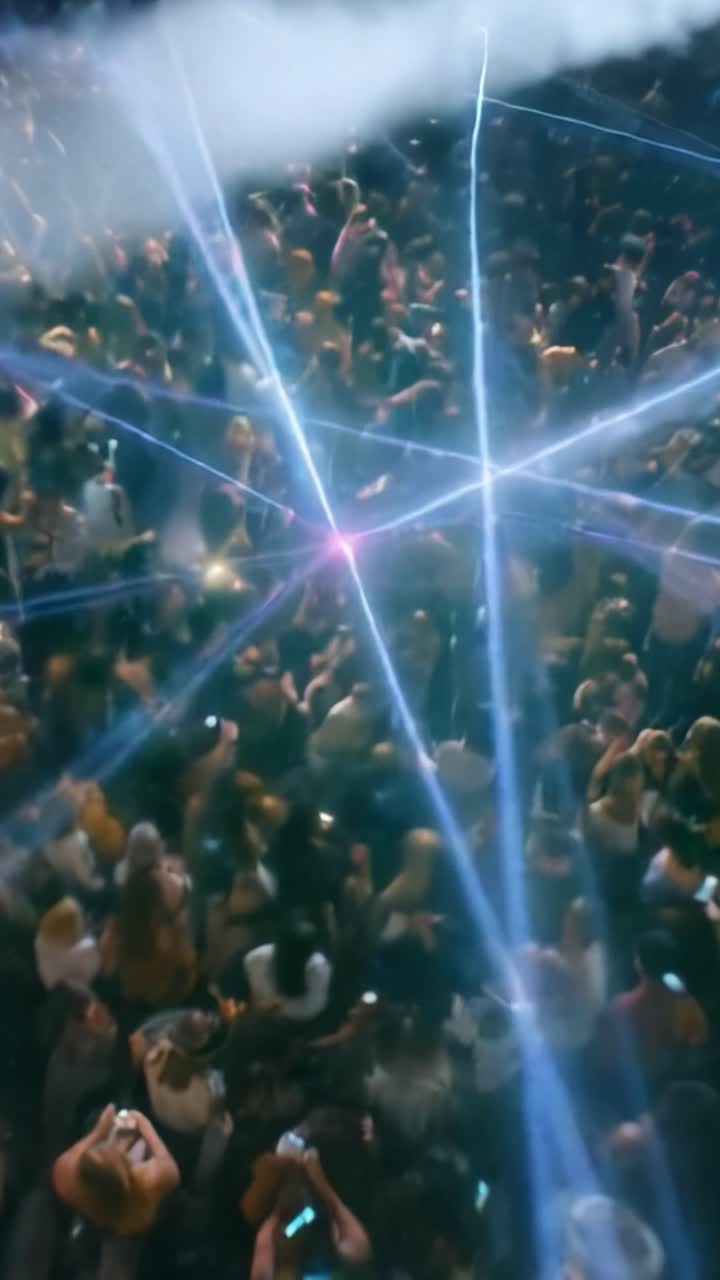 Folla di fan entusiasti che si godono una performance musicale dal vivo, circondati da luci brillanti ed effetti laser in un'atmosfera vibrante.