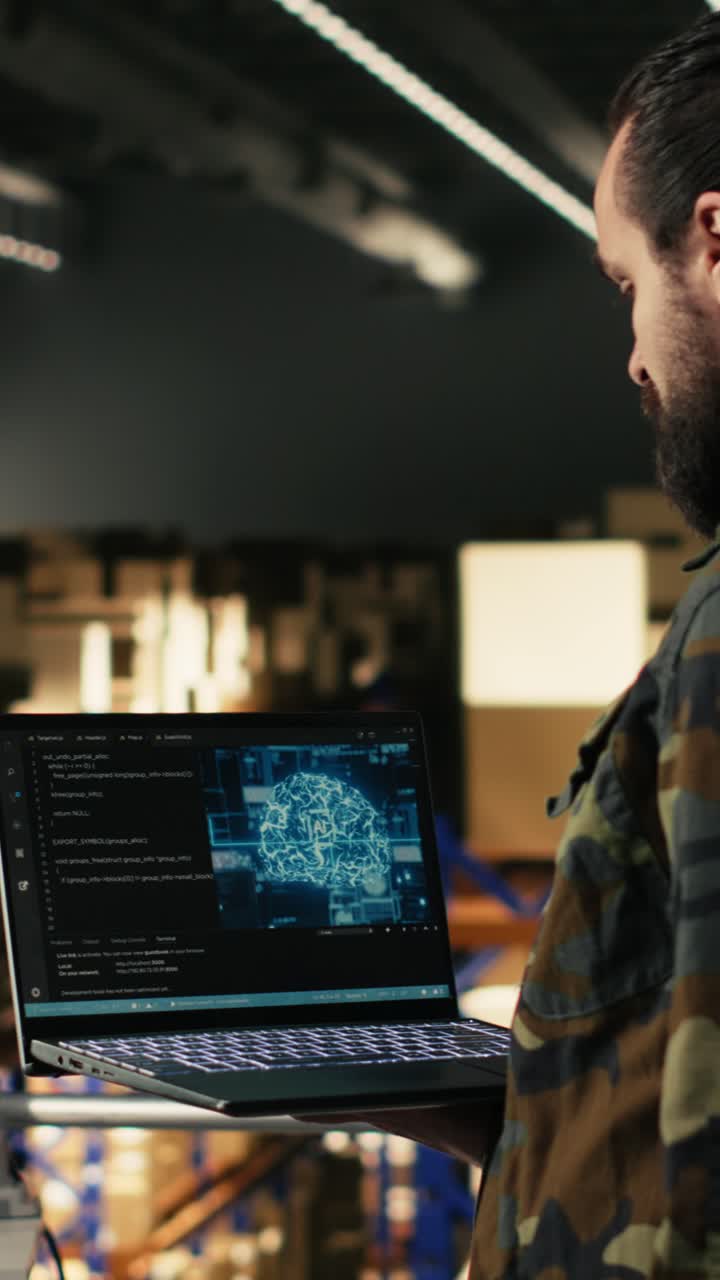 Vertical Video Military officer using AI-powered tools in warehouse at military base