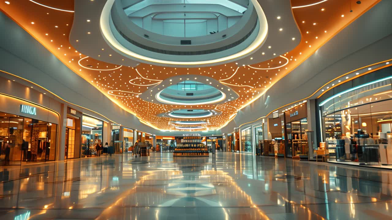 Bright, Modern Shopping Mall Interior with Illuminated Ceilings