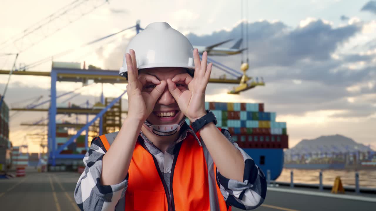 Nærbillede af asiatisk mandlig ingeniør med sikkerhedshjelm, der viser et 'ok'-håndtegn over øjet og smiler til kameraet, mens han står i havnen med containerskib og kraner ved solnedgang