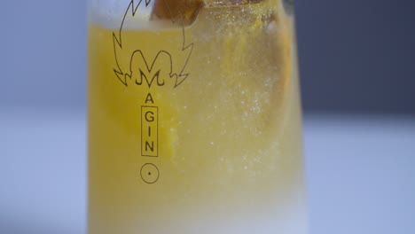 close-up of a gin tonic glass with lemon slices