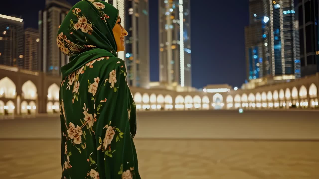 Elegant muslim woman in green floral dress and hijab standing against illuminated nighttime cityscape, reflecting urban beauty and cultural grace