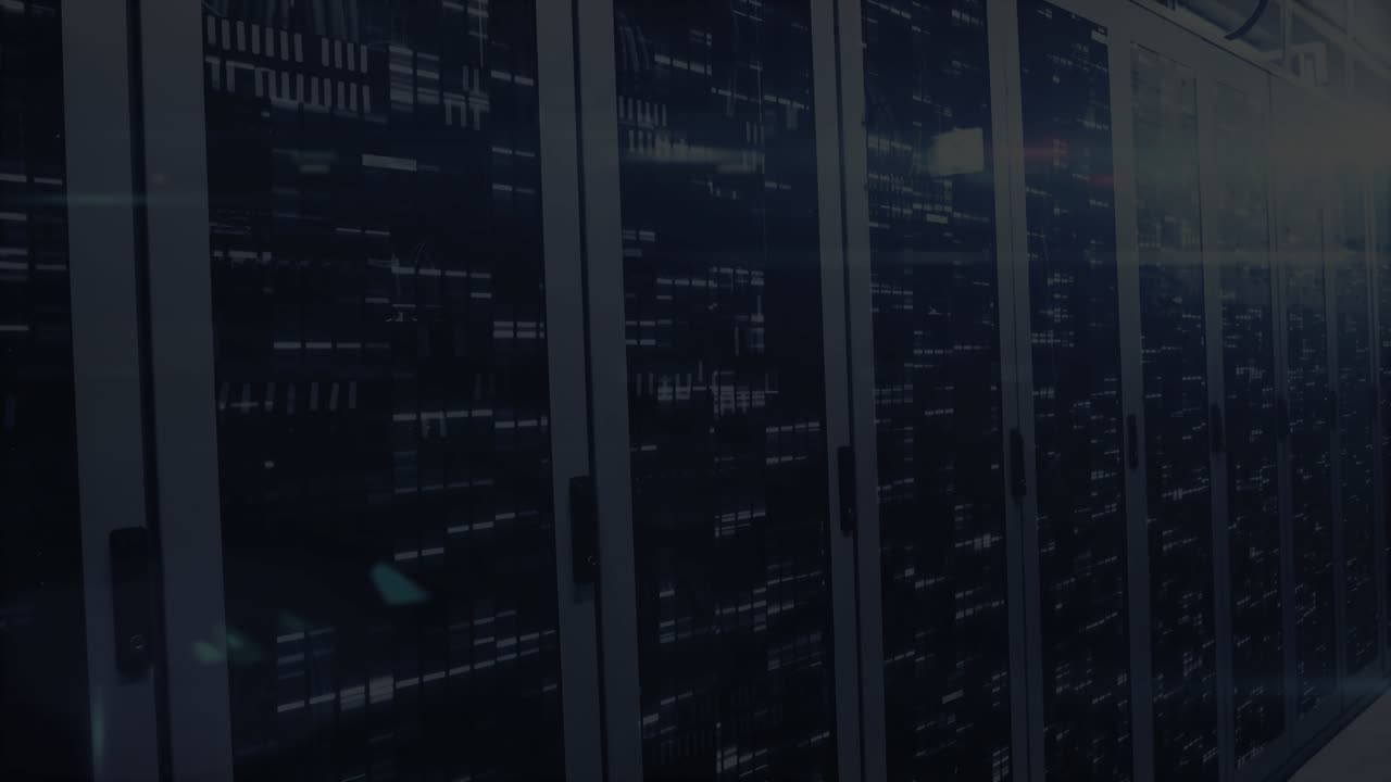 Camera panning along server racks initiating overlay fade showing code scrolling for monitoring