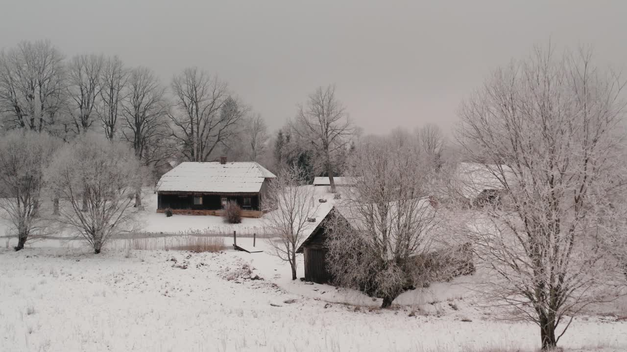 Wide orbiting drone shot of a historic wooden family home with bath house and barn in countryside landscape. Winter season with lots of snow and frost on the trees on a cloudy day.