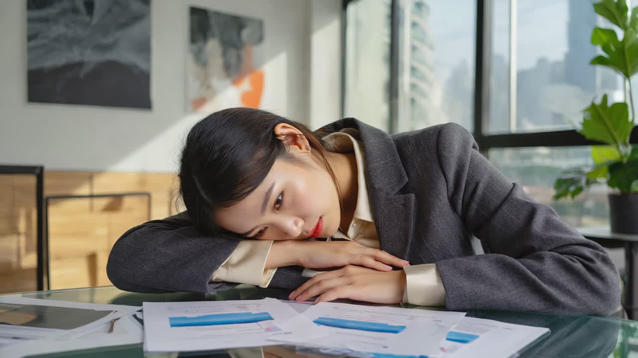 Tired Businesswoman Overwhelmed with Work